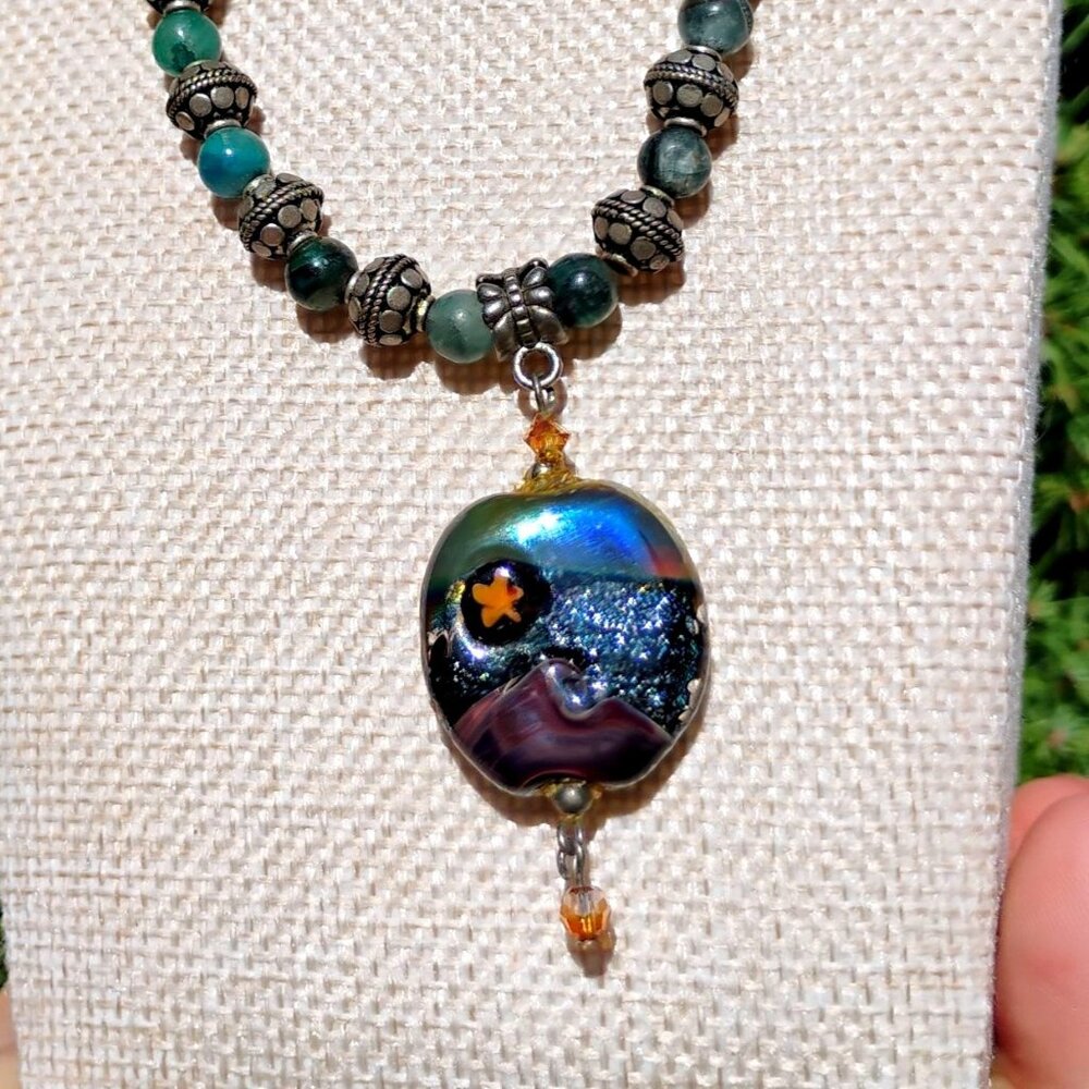 OOAK Dichroic Glass Pendant on Chain w/Sterling Silver Jade & Gemstone Beads 18"